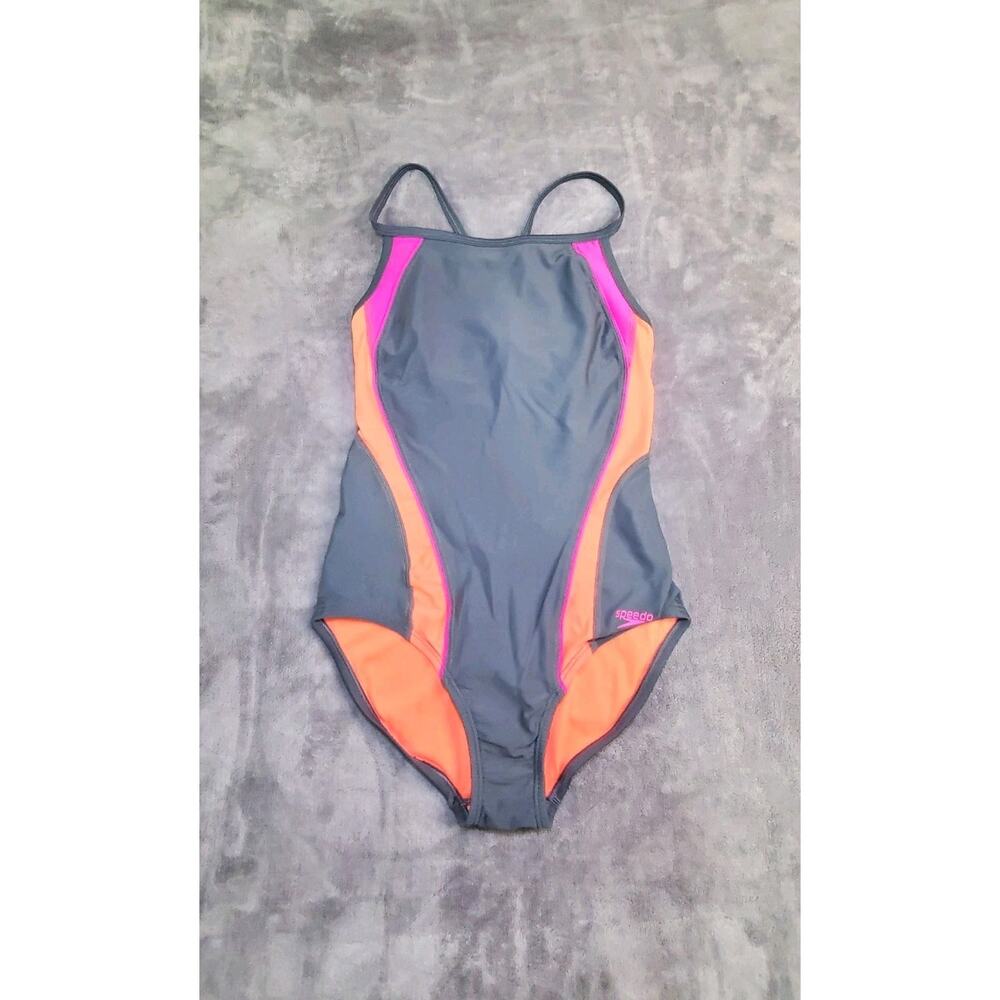 Speedo One-Piece Swimsuit Women's Sz 6 Gray Pink Racerback Athletic Swimwear C8
